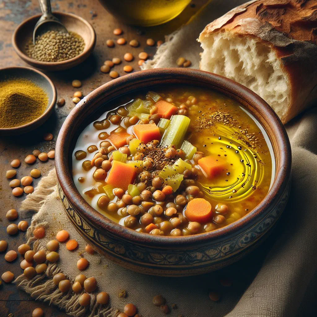 Bowl of Yemeni shorbat adas lentil soup garnished with fresh coriander