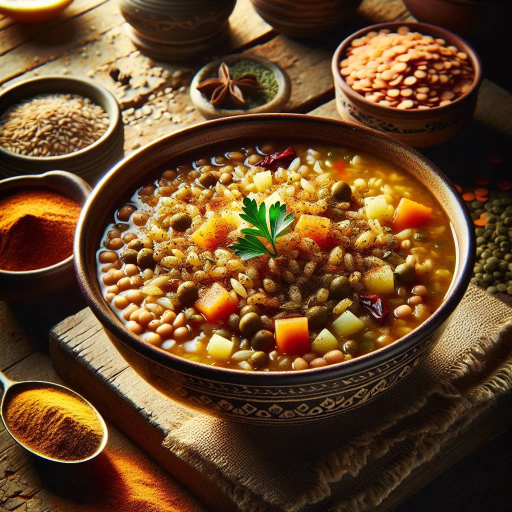 Bowl of Yemeni shorbat burghul soup garnished with fresh parsley