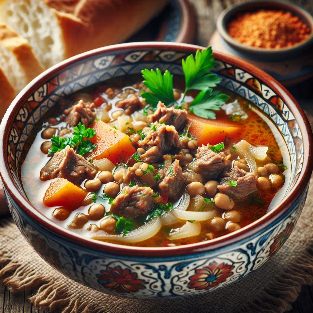 A bowl of Yemeni shurba with tender meat, carrots and fresh parsley