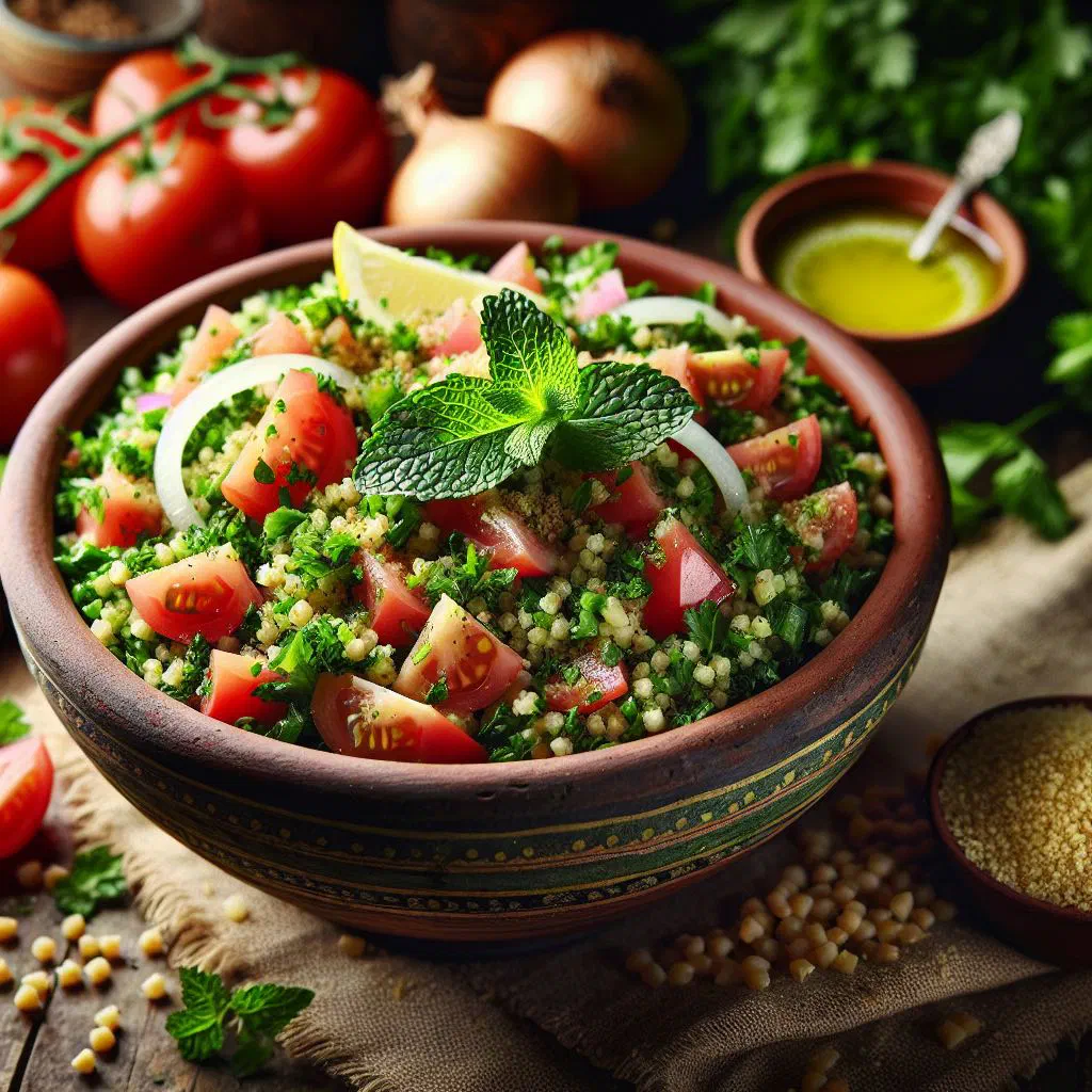 Fresh tabbouleh salad with bulgur, parsley, mint and tomatoes