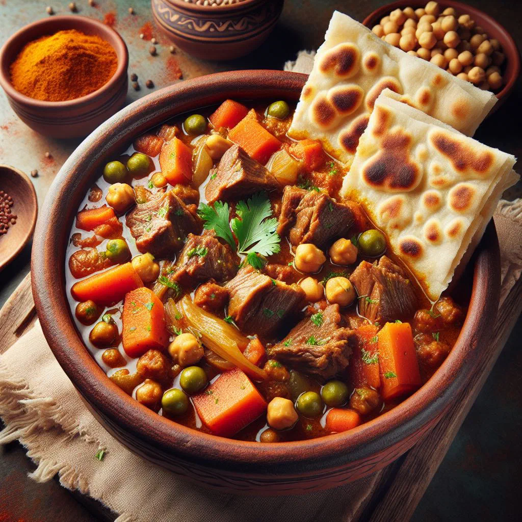 Bowl of Yemeni tashreeb with tender meat, vegetables and soaked flatbread