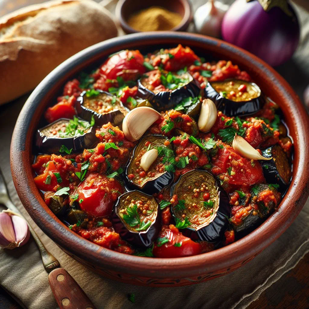 Yemeni zaalouk of roasted aubergine and tomato garnished with fresh herbs