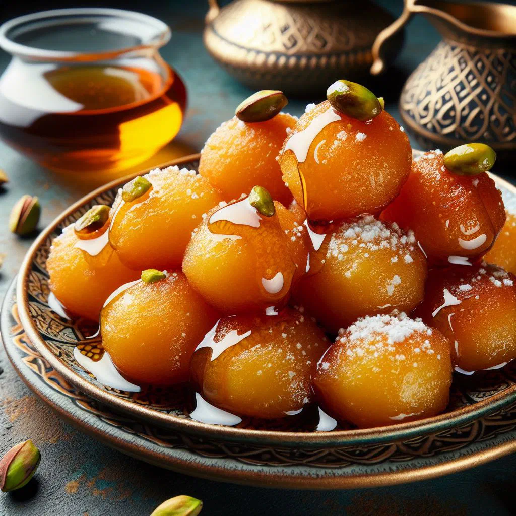 Golden syrup-coated zalabia dough balls dusted with cinnamon