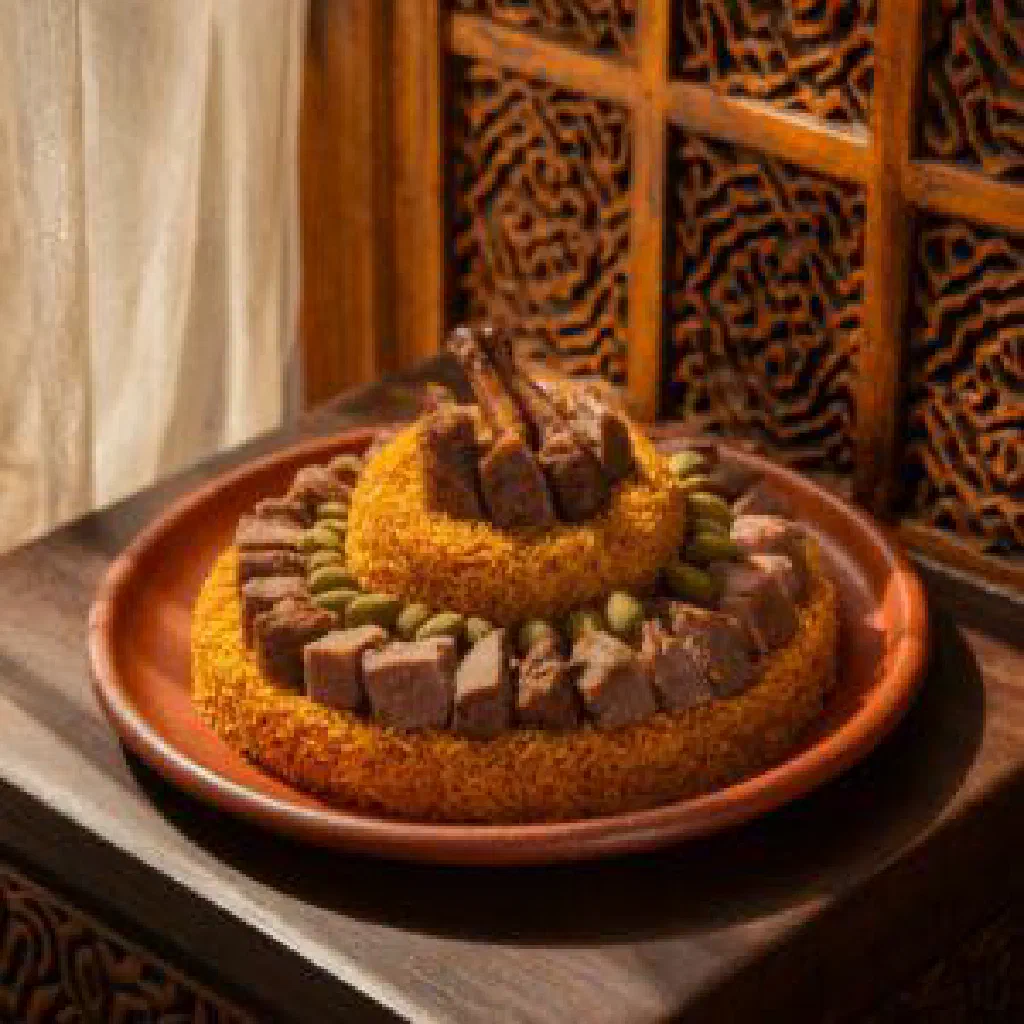 Layered Yemeni zalam of spiced meat and rice garnished with fresh herbs