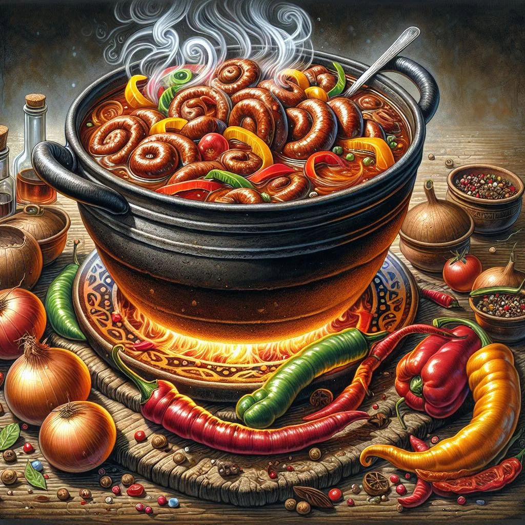 Hearty boerewors stew with sausage, potatoes, carrots and peppers in a pot