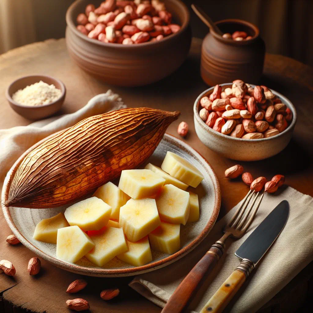Bowl of boiled cassava pieces topped with roasted groundnuts and fresh herbs