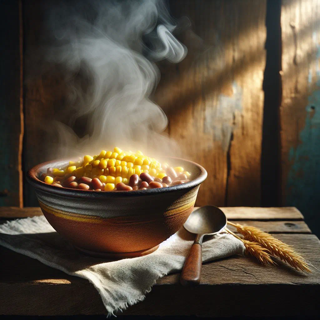 Bowl of boiled maize kernels with beans, garnished with fresh herbs