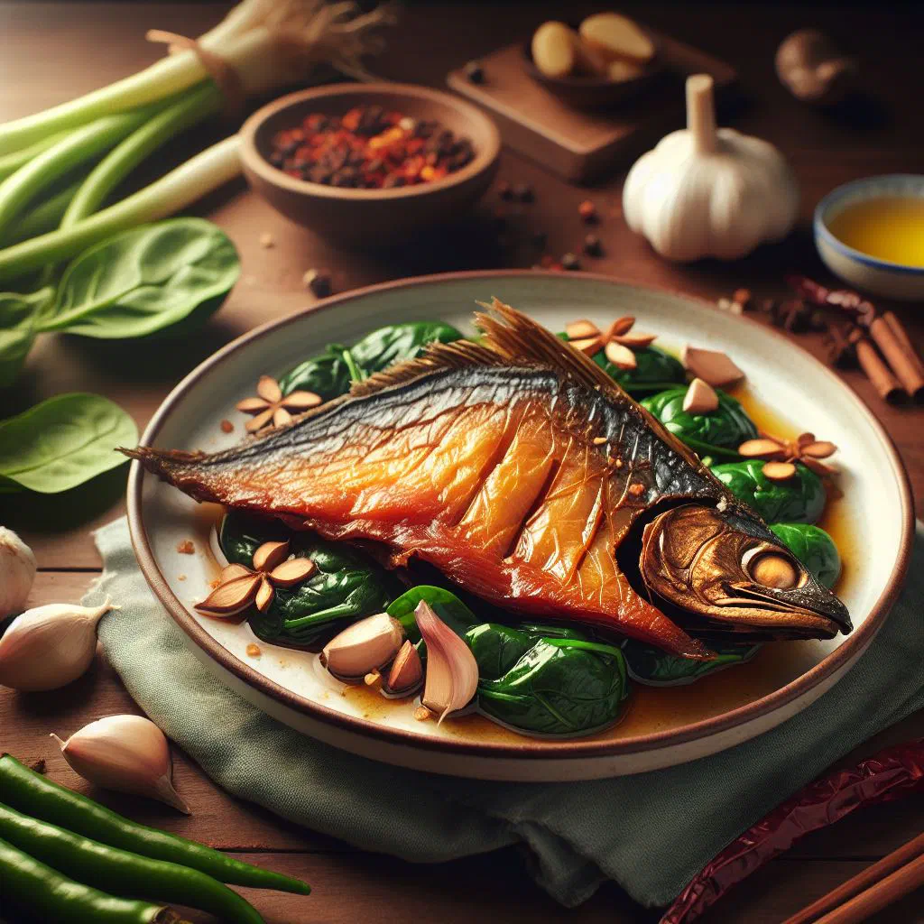 Dried fish braised with wilted spinach in a pan