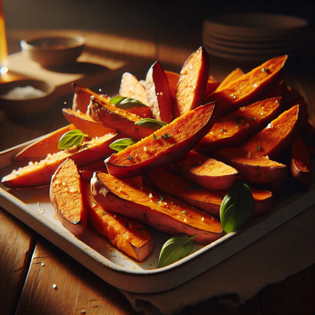 Golden fried sweet potato slices piled on a plate with a sprinkle of salt