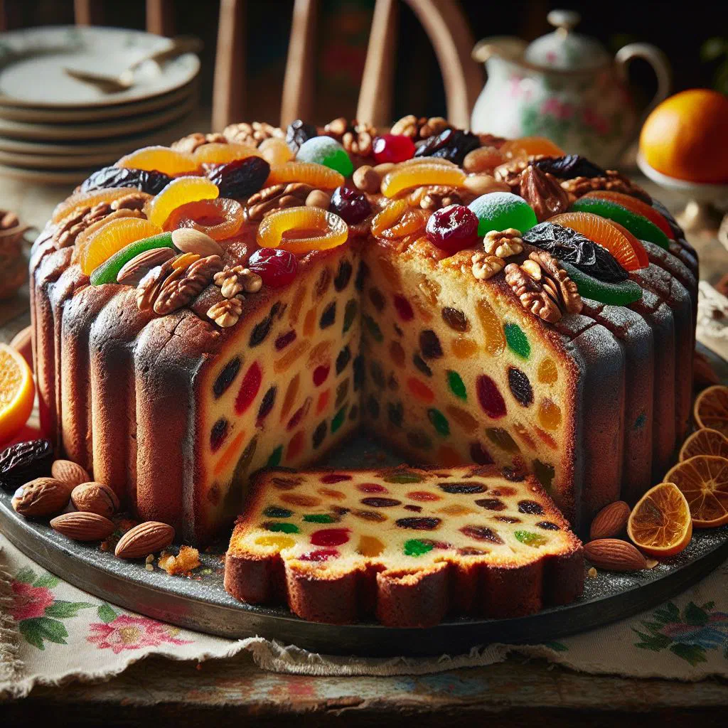 Sliced Zambian fruit cake studded with dried fruit on a cake plate