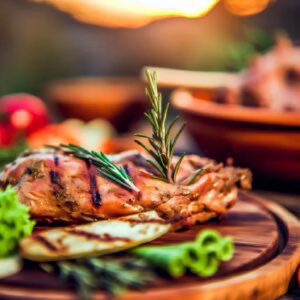 Grilled rabbit pieces with herbs and lemon on a wooden board