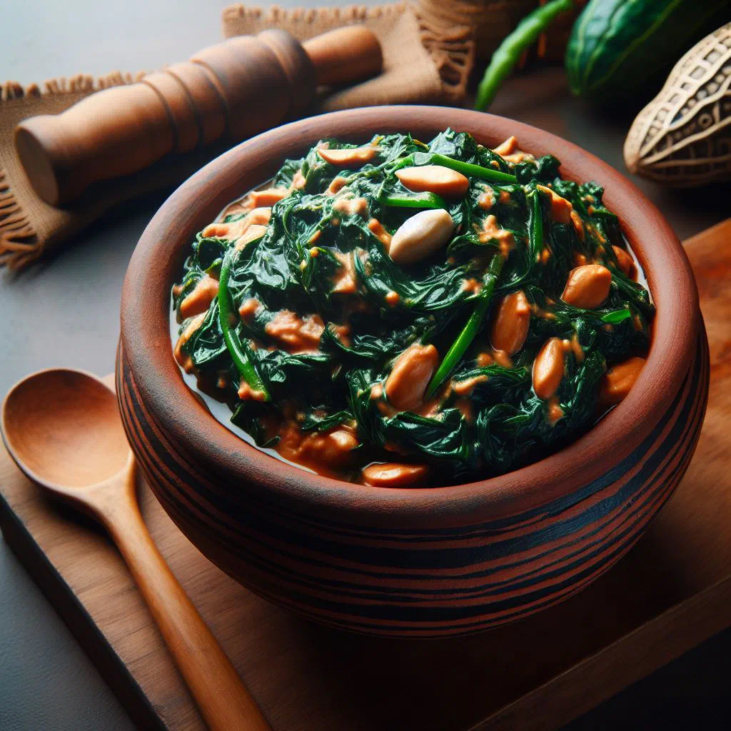 Bowl of ifisashi — leafy greens simmered in a creamy peanut sauce