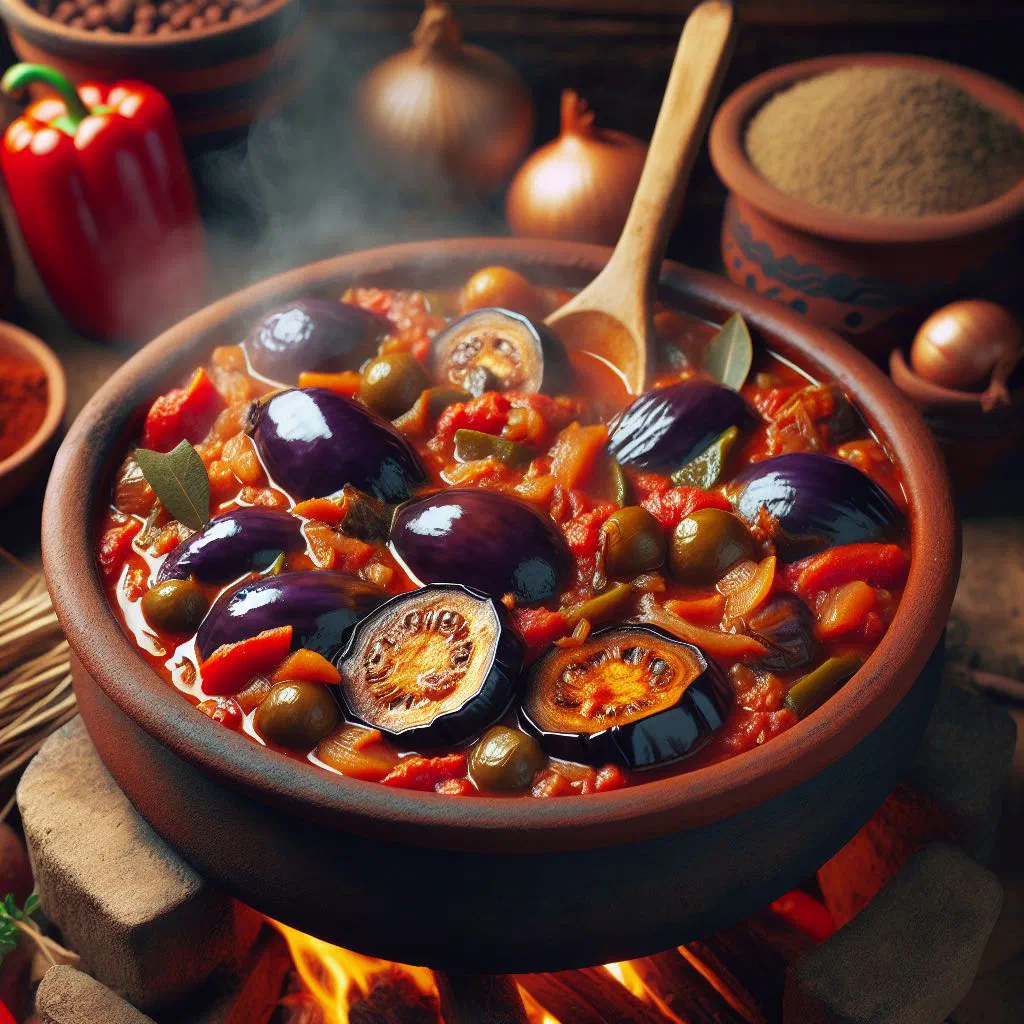 Zambian impwa aubergine stew in a bowl with fresh herbs