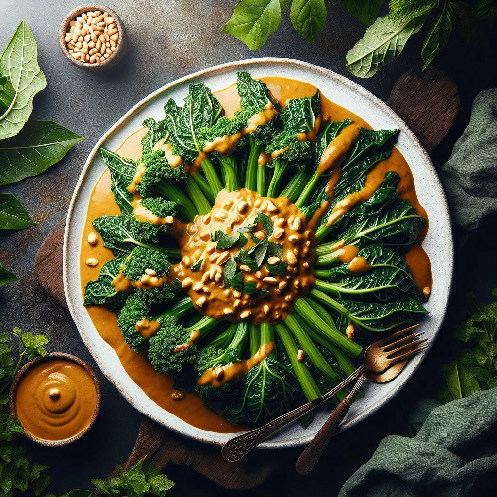 Bowl of lumanda greens simmered in creamy peanut sauce