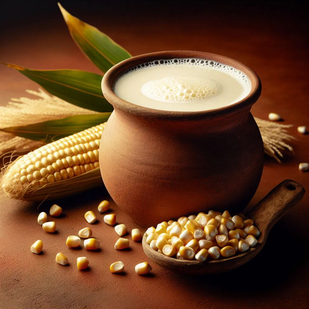 Tall glass of creamy Zambian maheu served chilled with fresh fruit