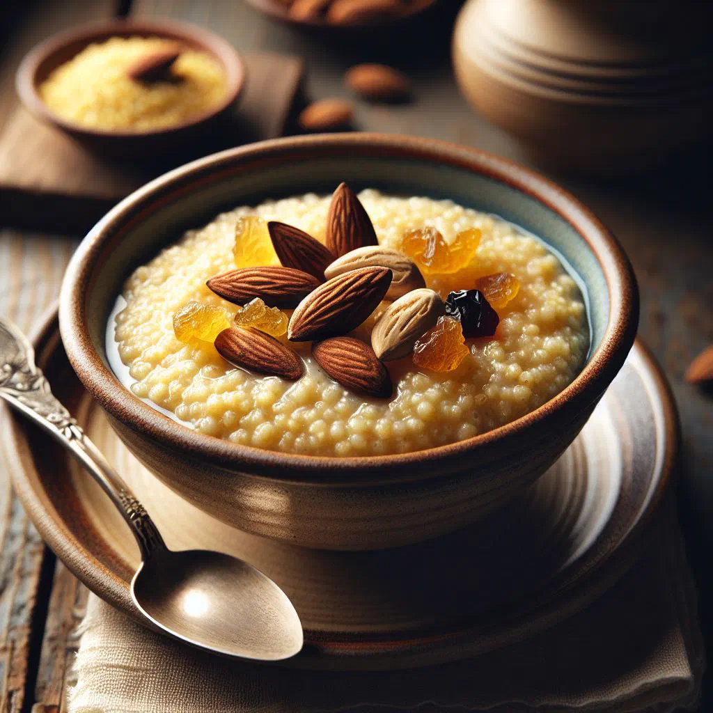 Bowl of creamy millet porridge topped with fresh fruit and nuts