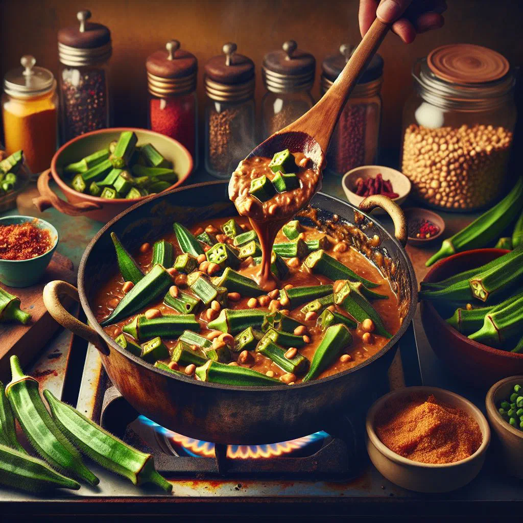 Tender okra simmered in a creamy peanut sauce, served in a deep bowl