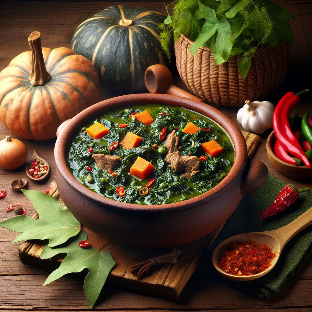 Zambian pumpkin leaves stew in a bowl with a rich peanut and tomato sauce