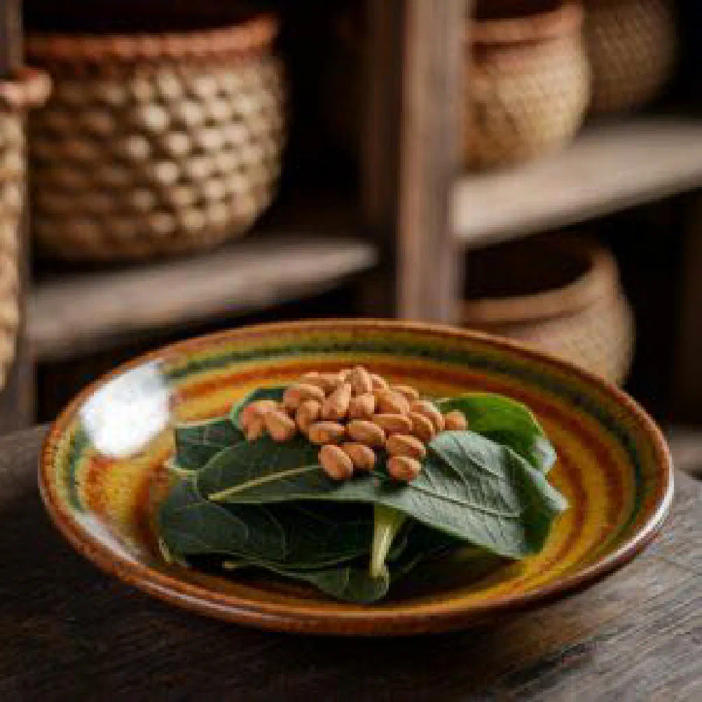 Bowl of stewed pumpkin leaves in a creamy peanut sauce, topped with roasted peanuts