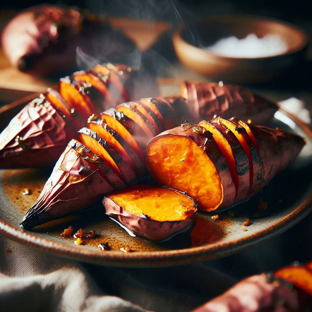 Golden roasted sweet potato wedges scattered with fresh herbs
