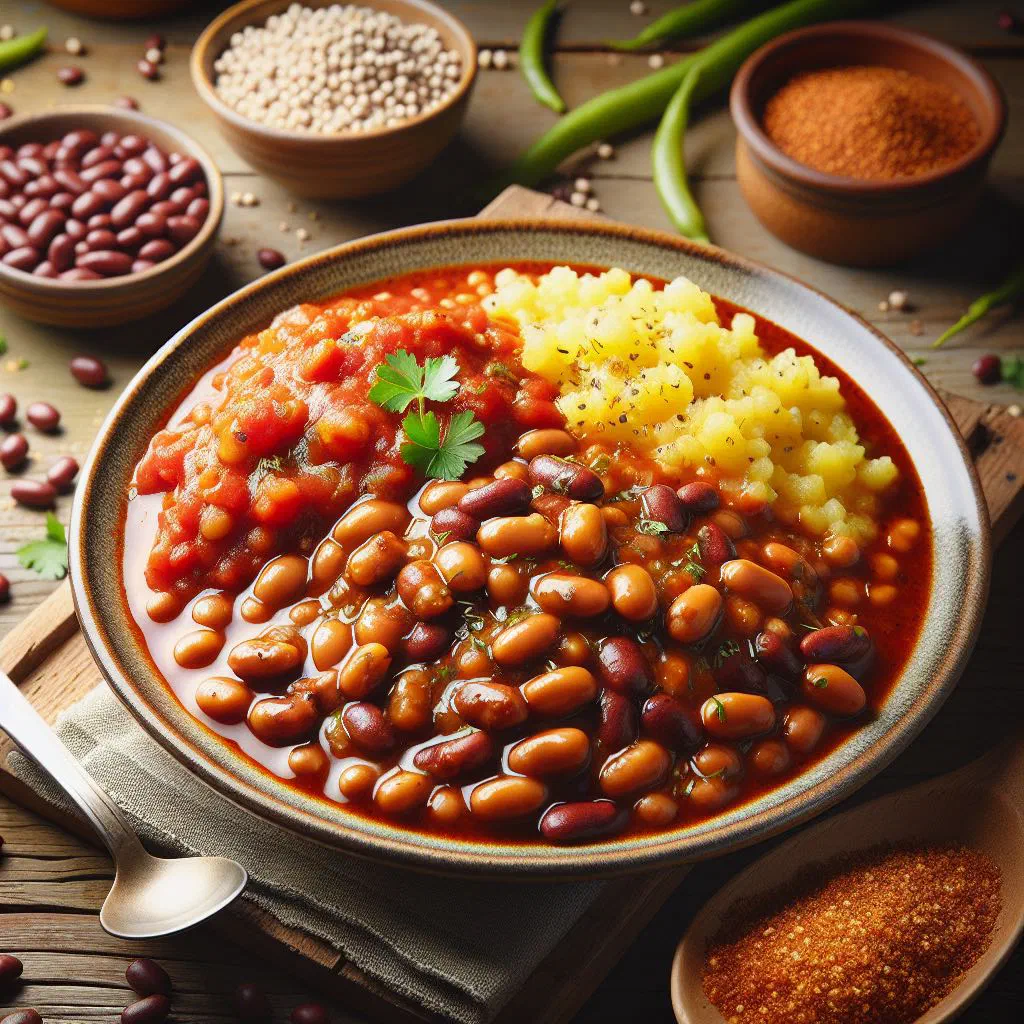Bowl of samp and beans with onions and fresh herbs