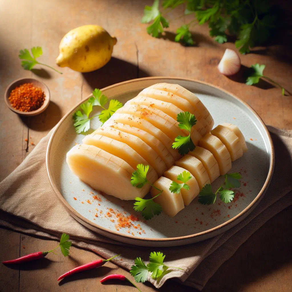 Steamed cassava pieces served on a plate with fresh herbs
