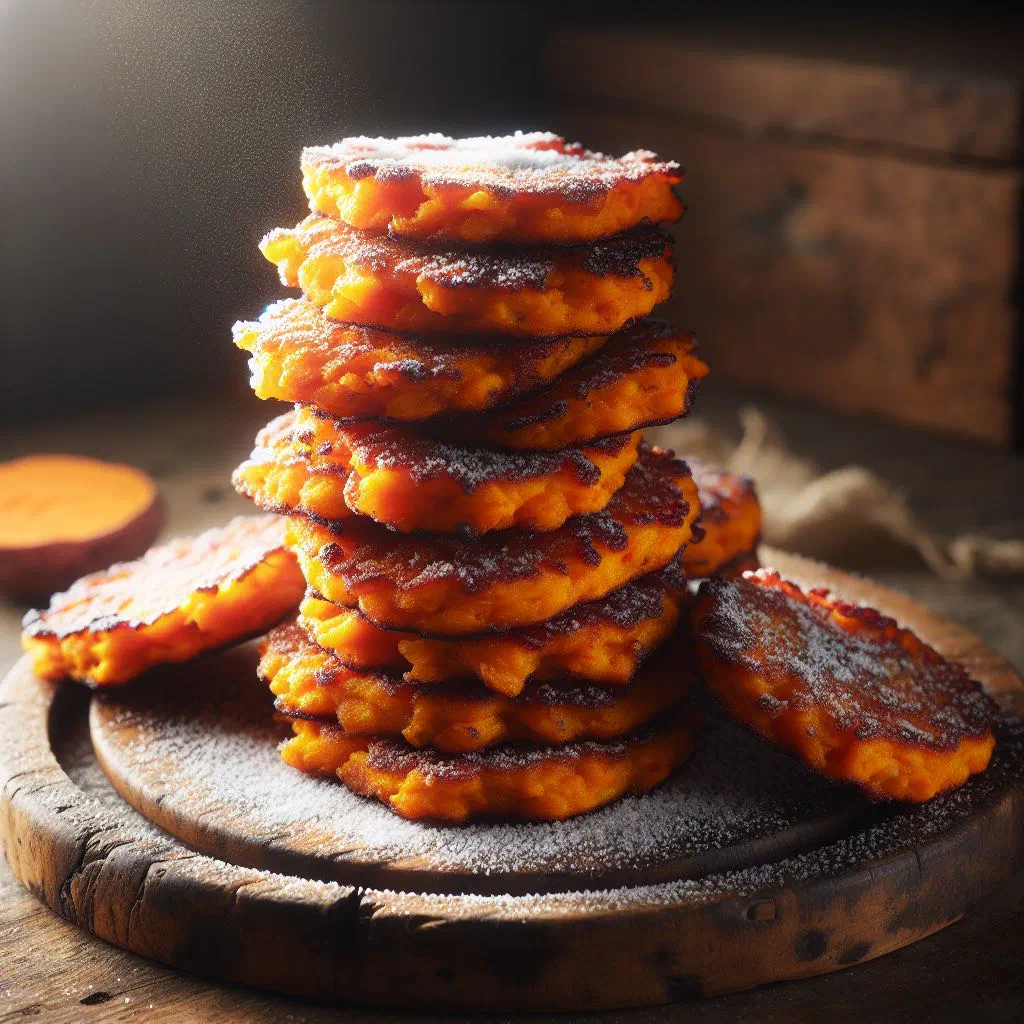 Golden sweet potato fritters piled on a plate with fresh herbs
