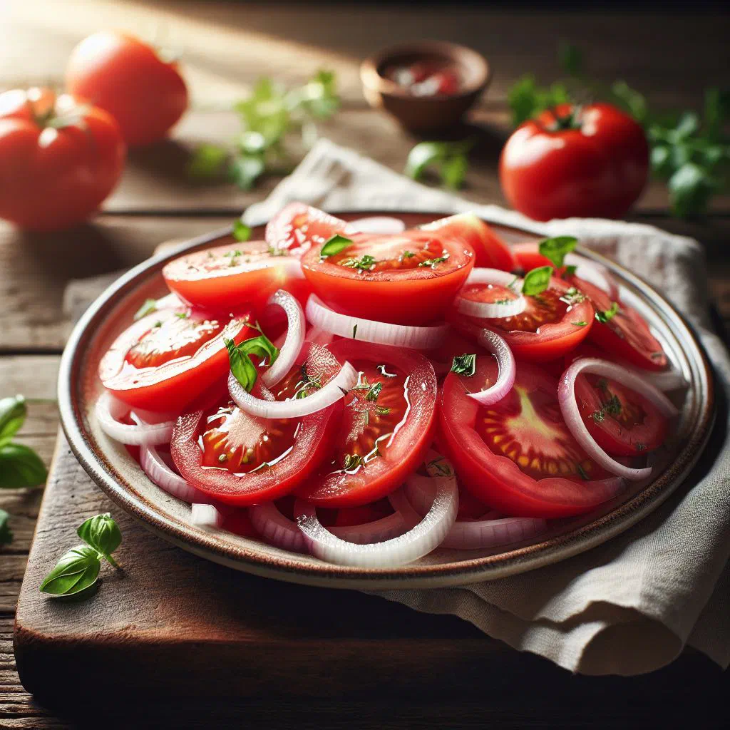 Bowl of Zambian tomato and onion salad with fresh herbs