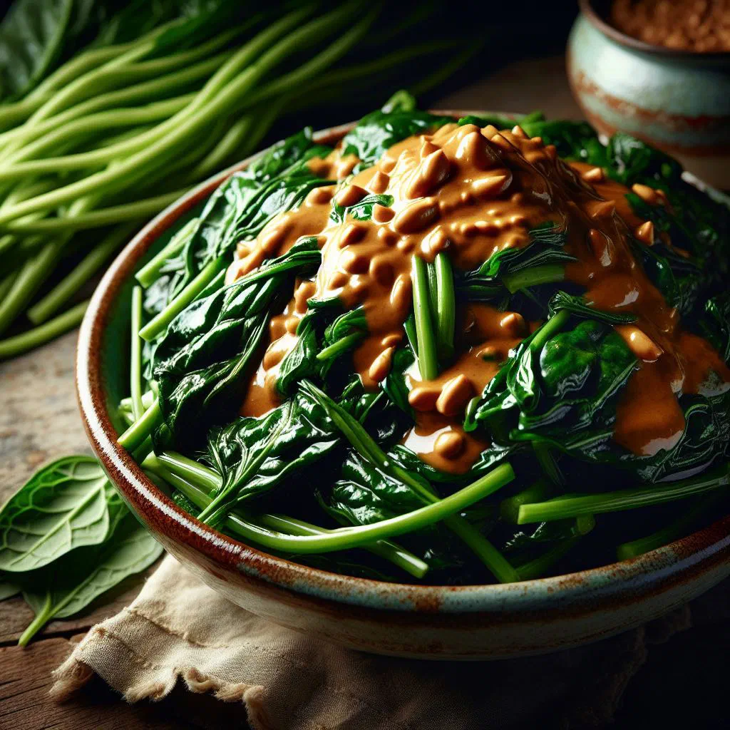 Wild spinach simmered in a creamy peanut sauce, served in a bowl