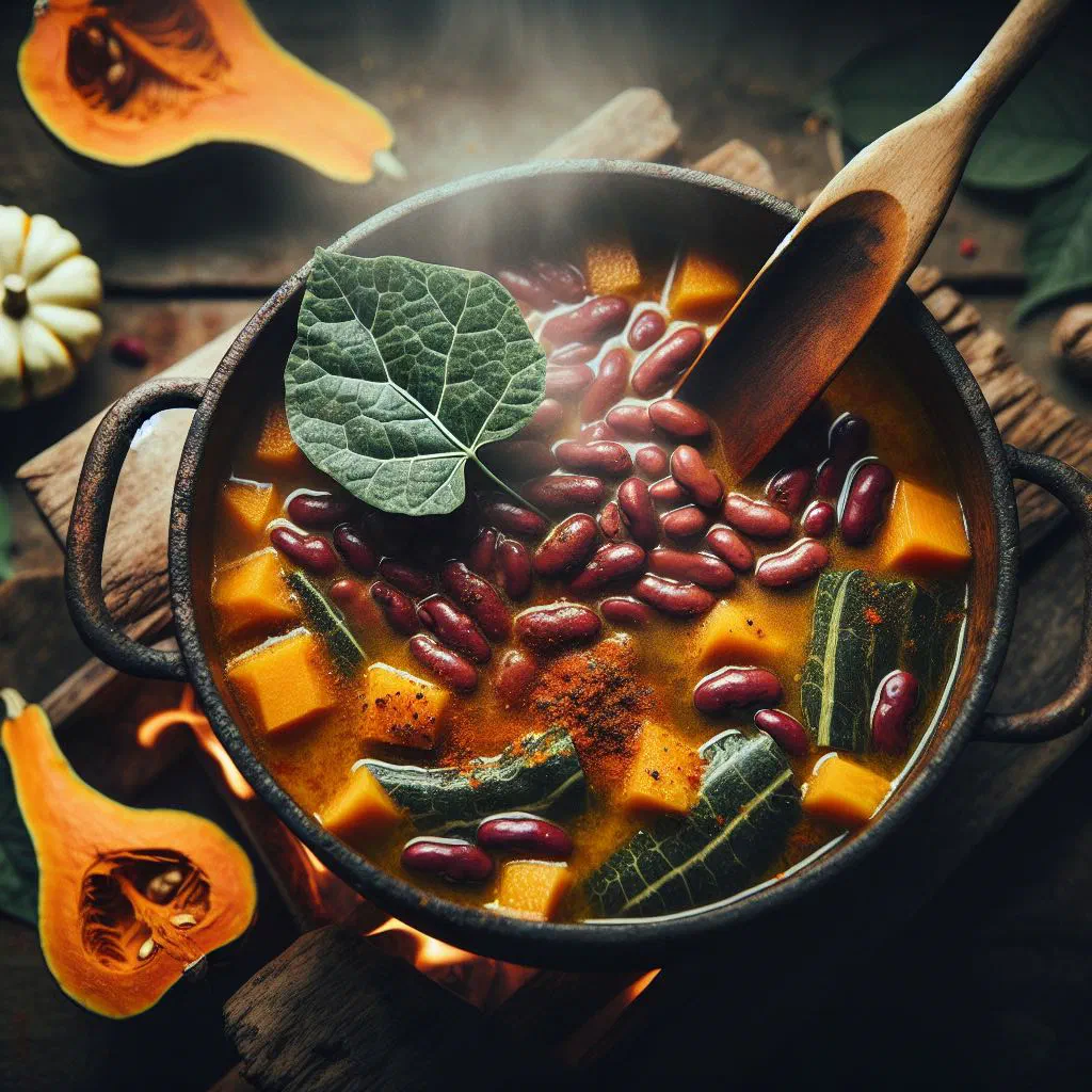 Bowl of Zimbabwean bean and pumpkin leaf stew with fresh herbs
