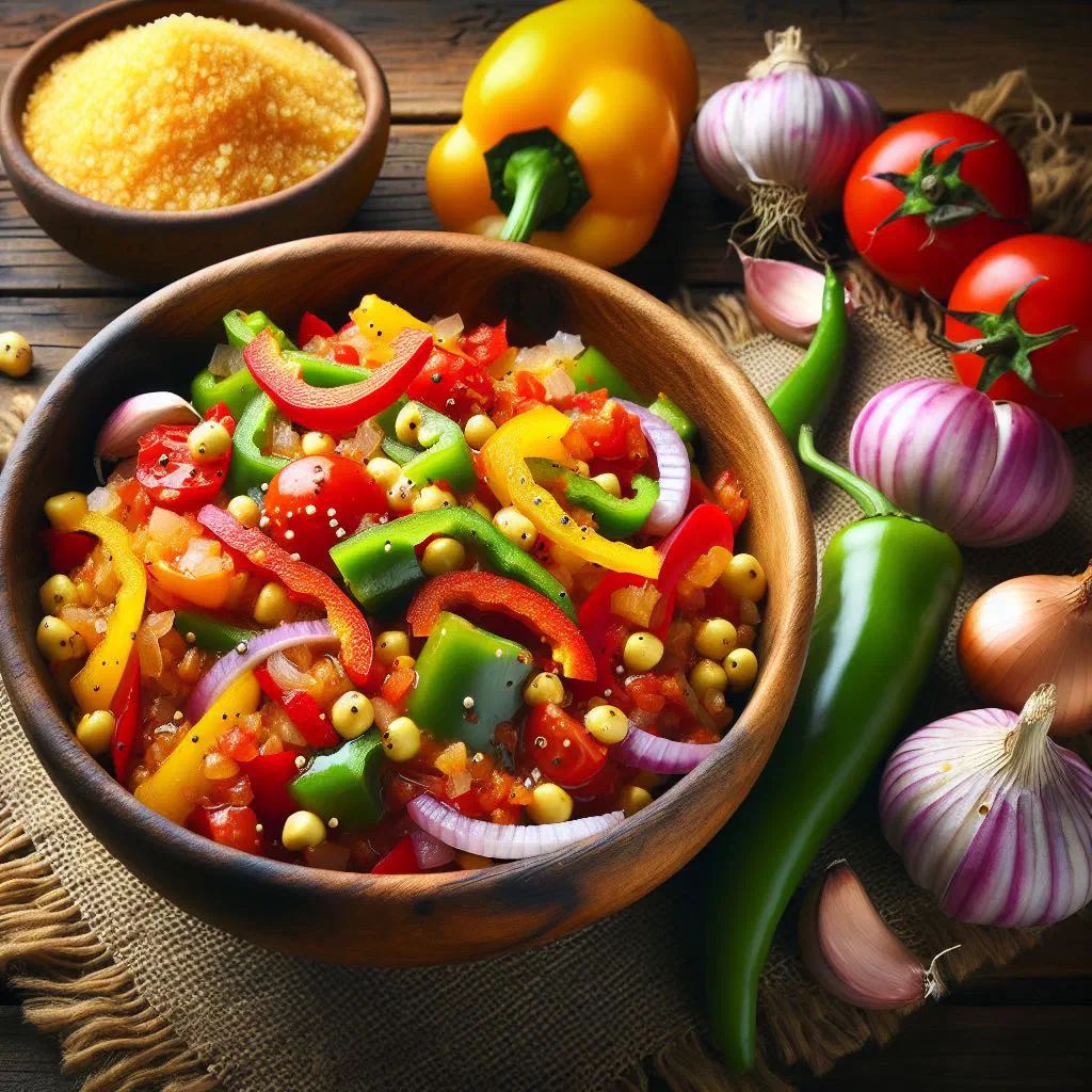 Bowl of spicy chakalaka style relish with carrots, peppers and beans