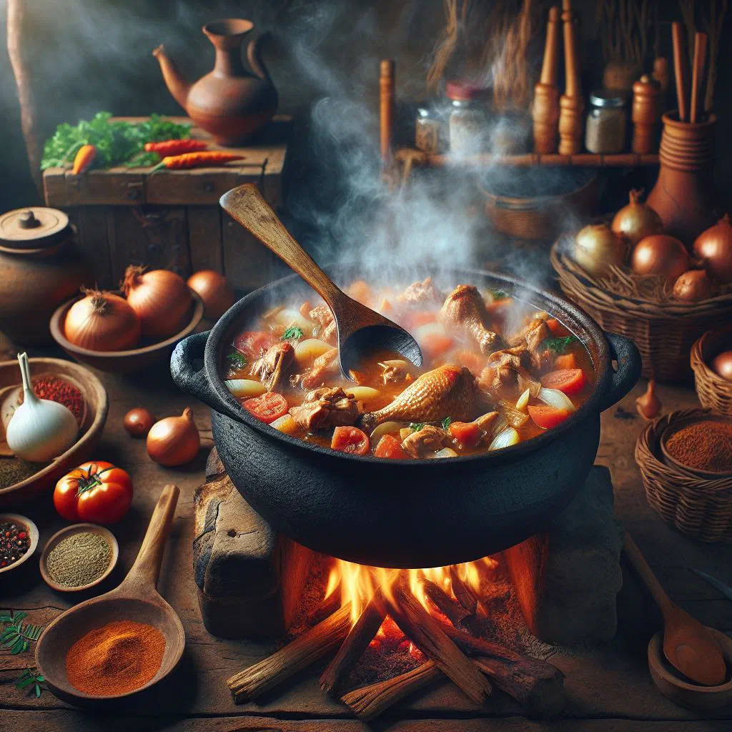 Zimbabwean chicken stew with tomatoes, peppers and fresh herbs in a bowl