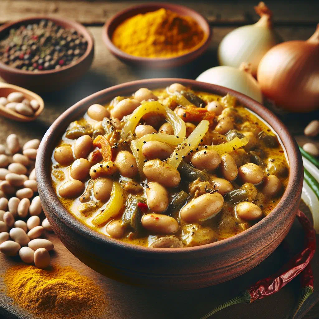 Bowl of curried beans in creamy coconut sauce garnished with fresh coriander