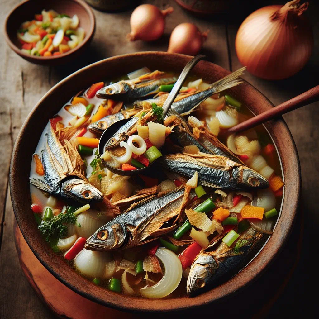 Zimbabwean dried fish stew with tomatoes and peppers in a clay bowl