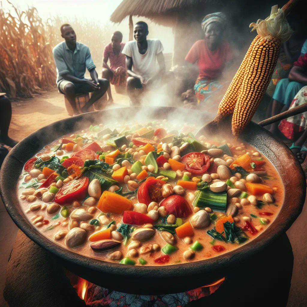 Creamy groundnut stew with carrots, peppers and green beans in a deep bowl