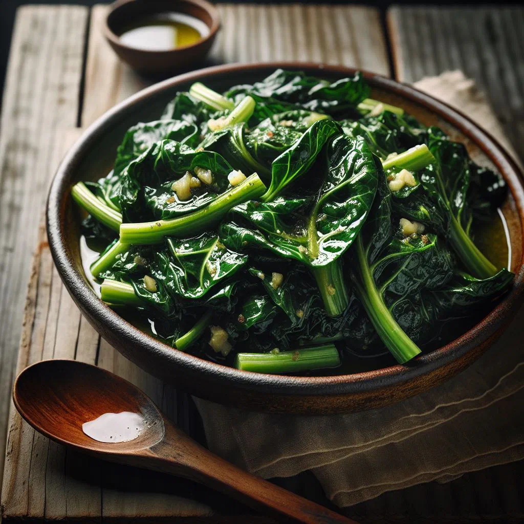 Sautéed collard greens with onion and garlic in a pan