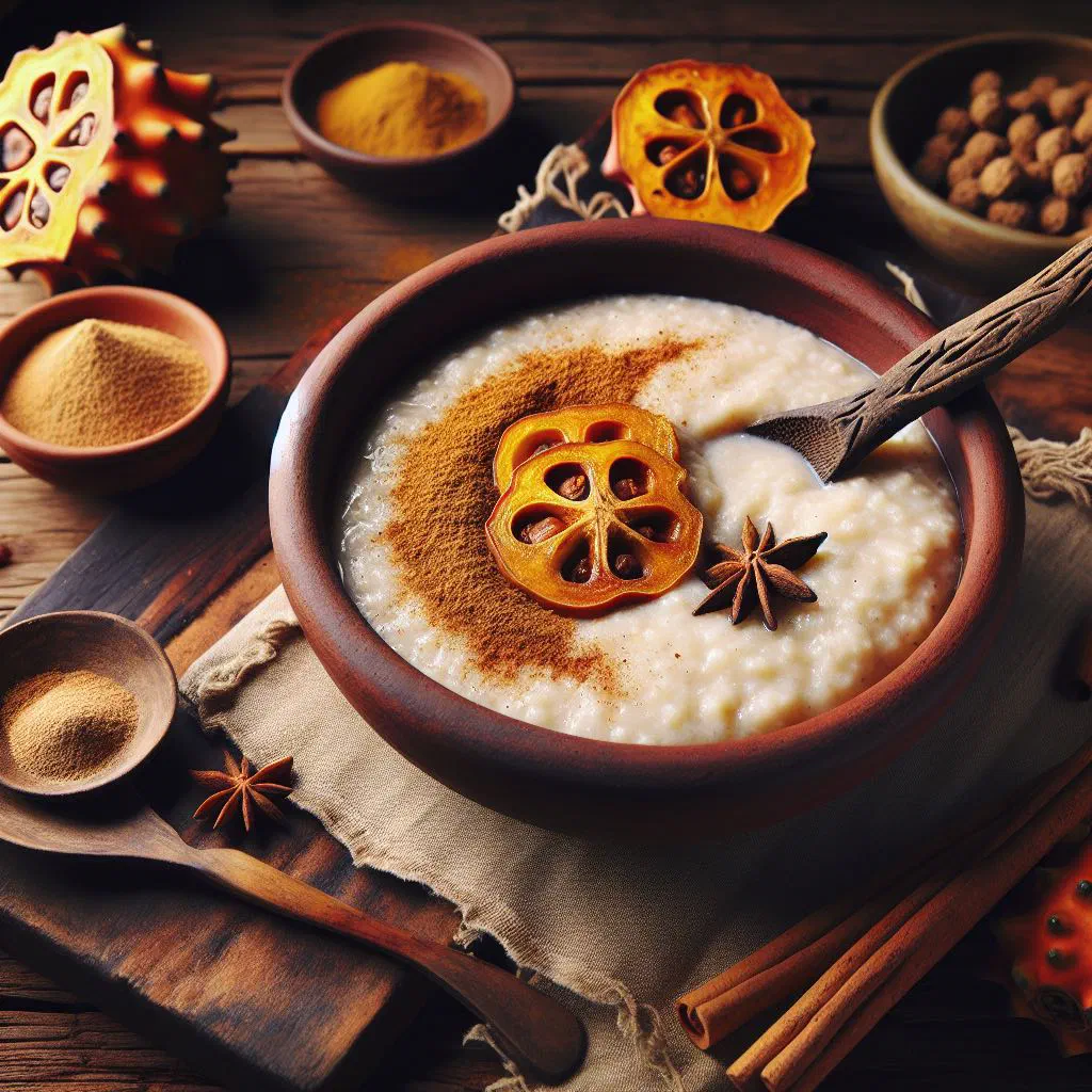 Creamy spiced baobab porridge in a bowl topped with fresh fruit and nuts