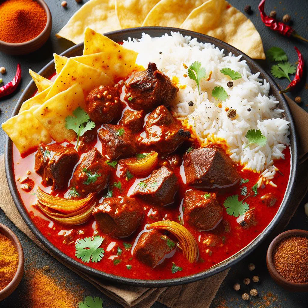 Spiced goat curry in a deep bowl with fresh coriander and rice