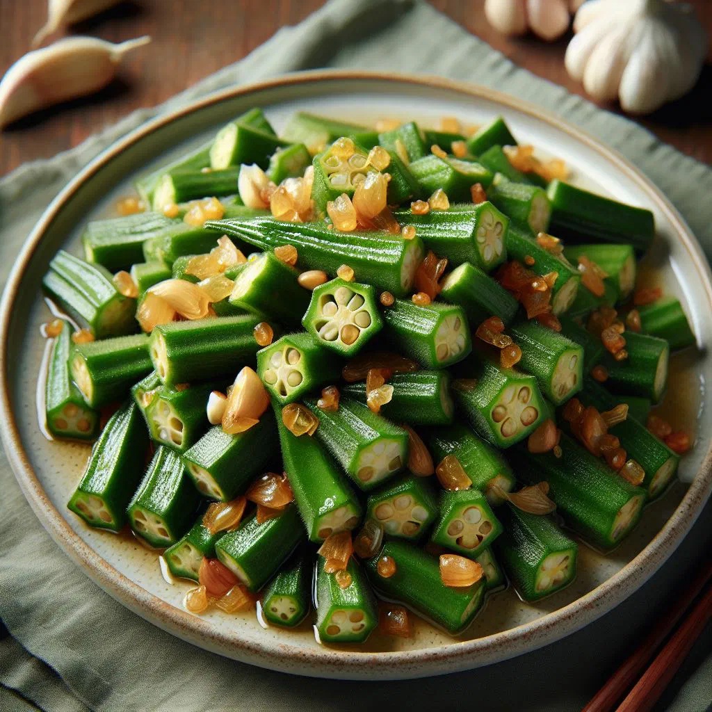 Stir-fried okra with sliced garlic in a pan, garnished with fresh herbs
