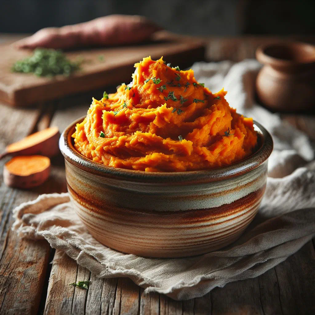 Creamy sweet potato mash in a bowl garnished with fresh herbs