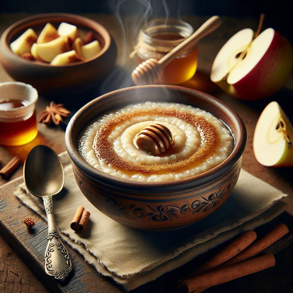 Bowl of creamy sweet sorghum porridge topped with fresh fruit and honey