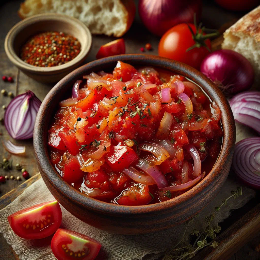Bowl of Zimbabwean tomato and onion relish garnished with fresh coriander