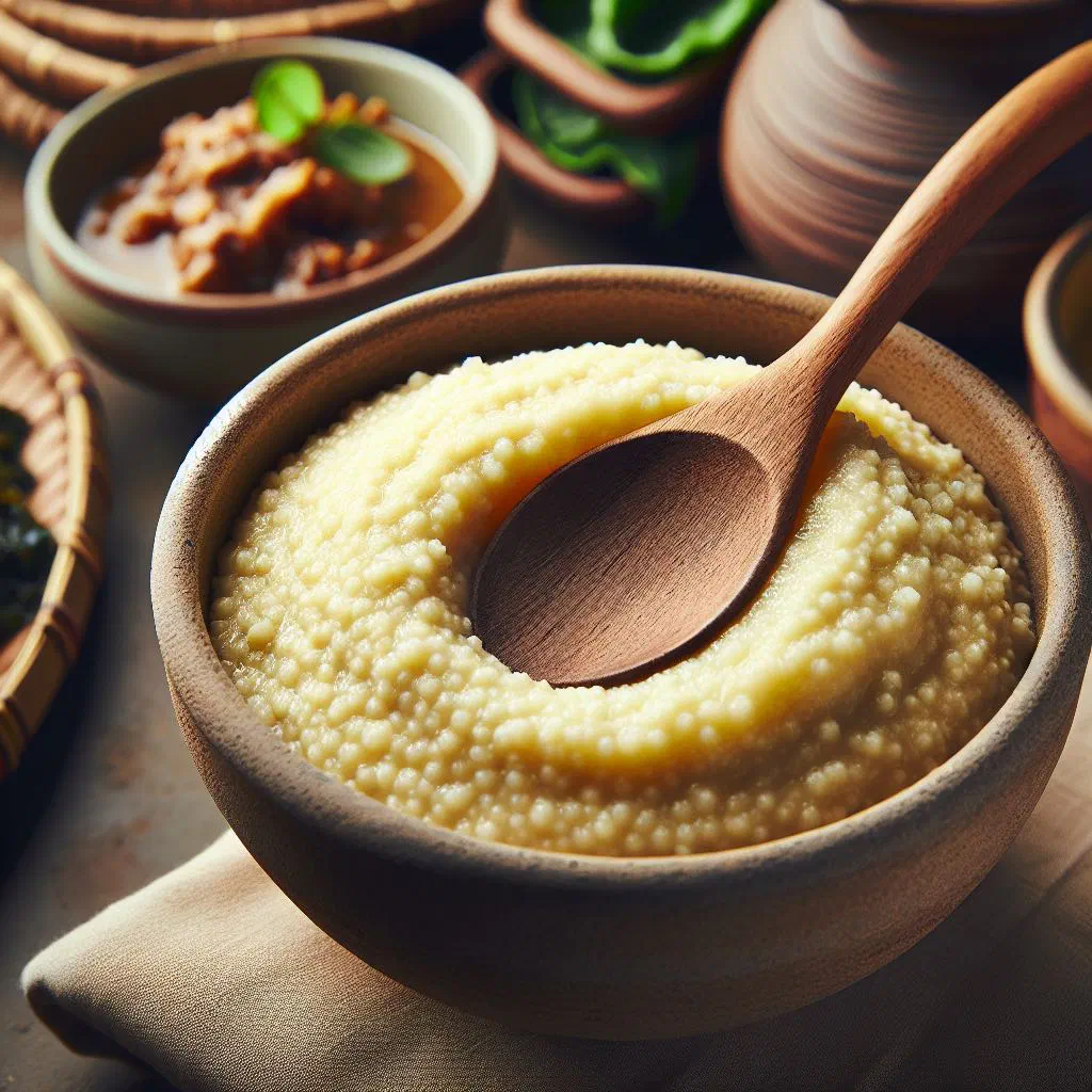 A bowl of thick millet sadza served with a vegetable relish